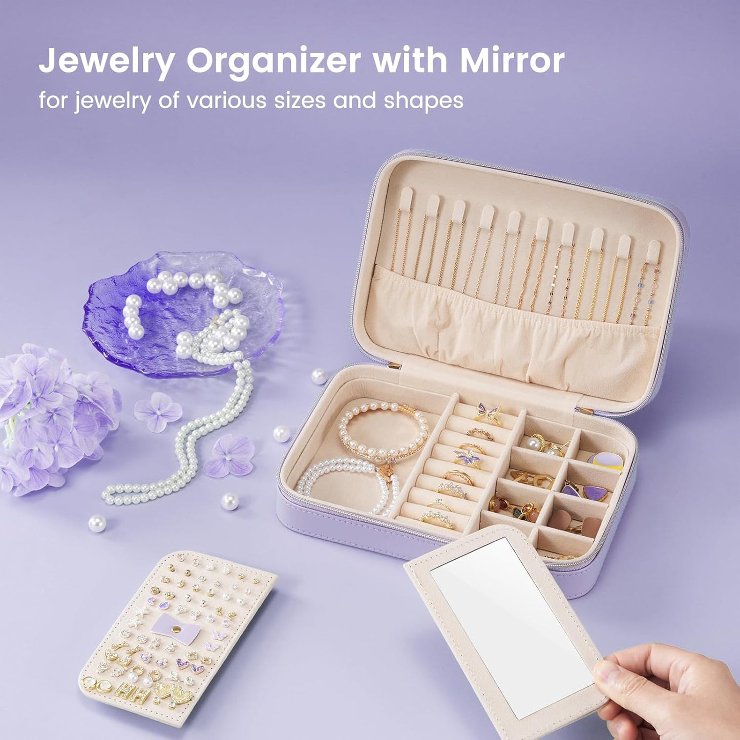 Lolalet Travel Jewelry Case for Women, Travel Jewelry Organizer Box with Mirror & Clear Storage Bag, Small Portable Traveling Earring Necklace Bracelet Ring Case, Bridesmaid Gifts -Medium, Purple