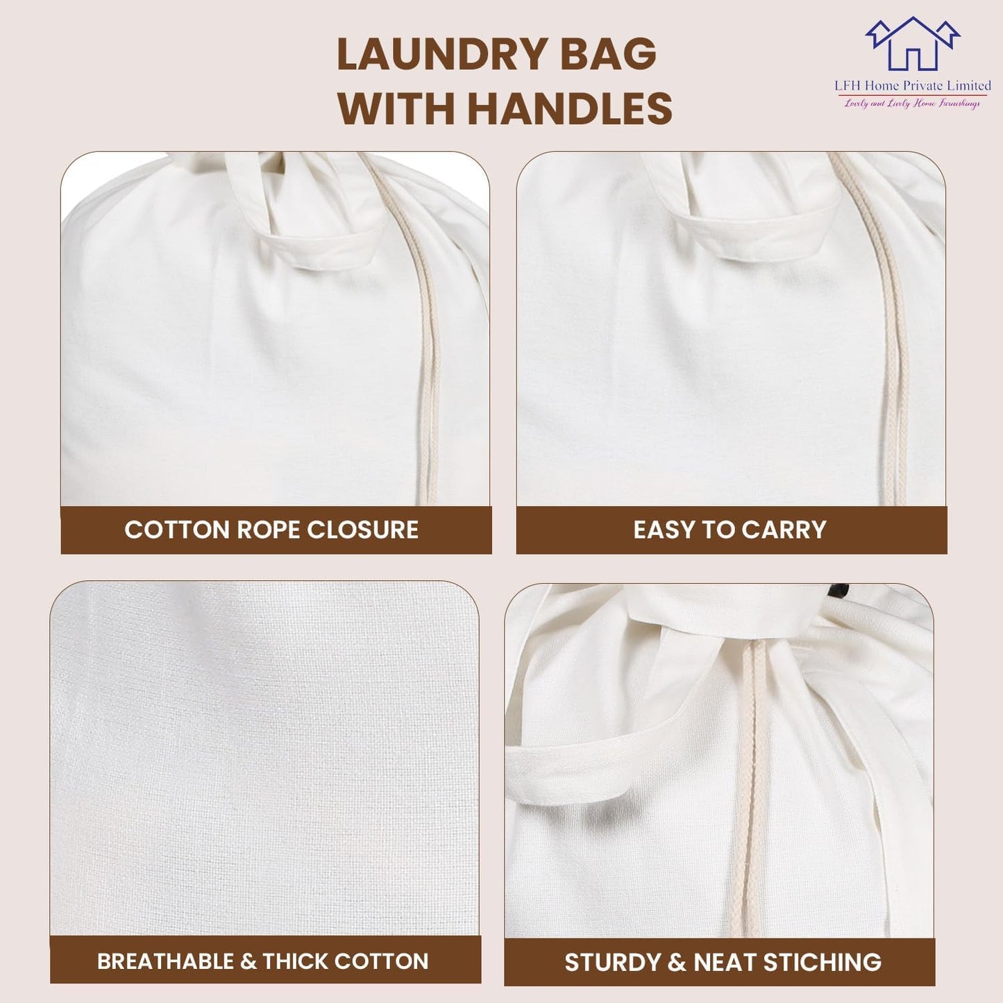 LFH Home Cotton Canvas Large Laundry Bag with Handle, Heavy Duty Drawstring Closure Washable Laundry Bags, School Travel, Home, Hotel, College Dorm, Organizer Sack, Toy Clothes 24x36 (Pack of 6)-White