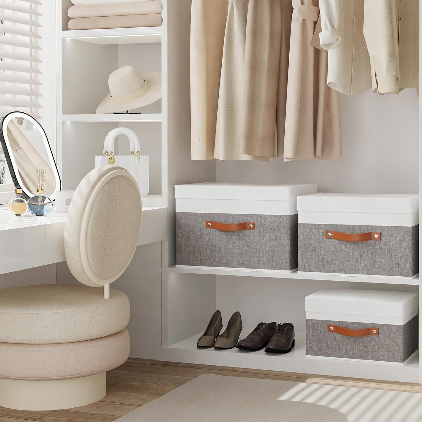 Fabric Storage Bins with Lids, 1 Pack Linen Foldable Cloth Baskets, 15 x 9.8 x 9.8 Inch Closet Organizer Containers with Double Handles, Sweater Boxes for Bedroom, White and Grey