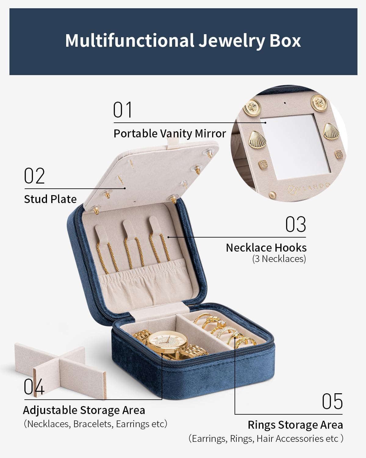 Vlando Teacher Appreciation Jewelry Travel Case for Women - Organizer Gift, Letter Z, Dark Blue