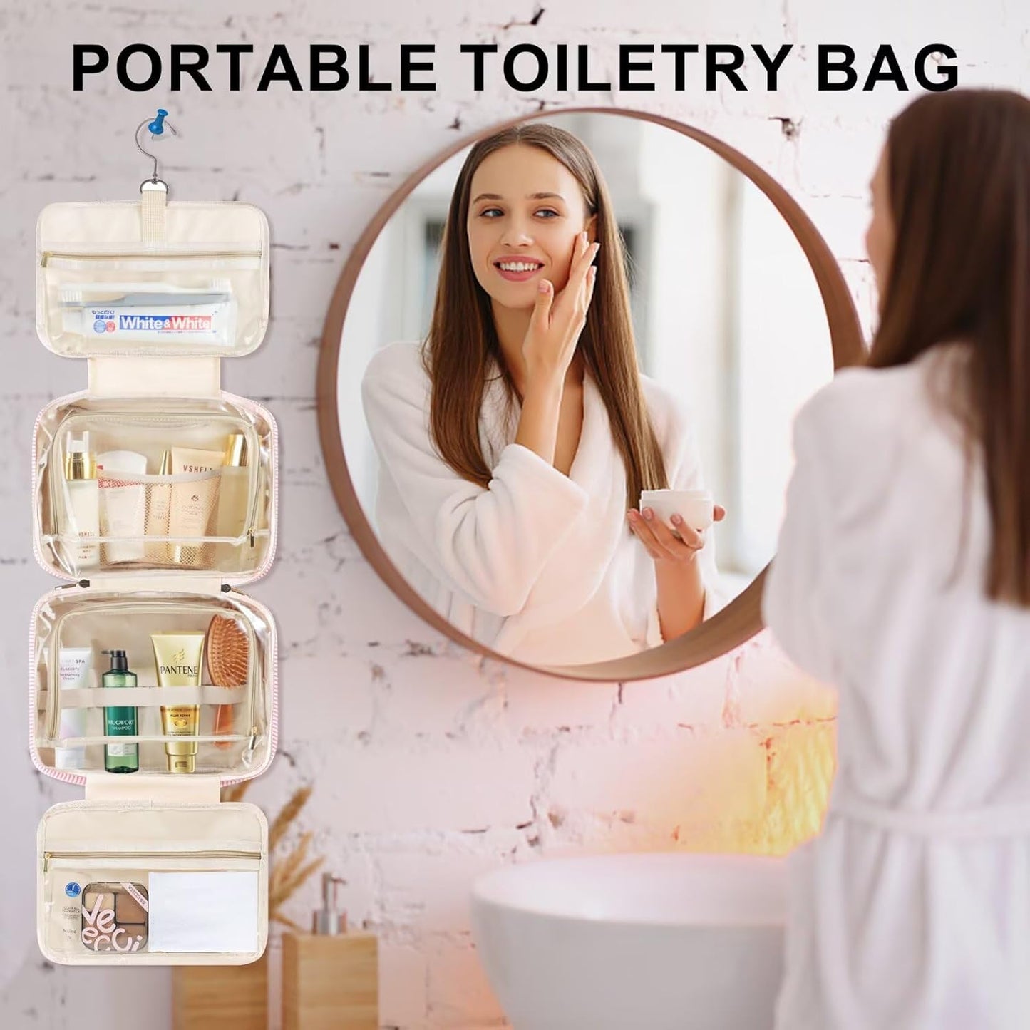 TOPEAST Hanging Toiletry Bag for Women - Travel Toiletry Bag Makeup Bag, Portable Toiletries Cosmetic Bag, Airplane Travel Essentials - Letter W, Blue