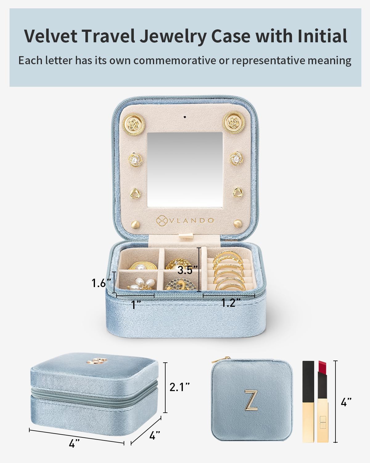 Vlando Teacher Appreciation Gifts for Women, Travel Jewelry Case for Women Teacher Gifts, Travel Gifts for Teacher, Travel Essentials Small Jewelry Box, Jewelry Travel Organizer - Letter Z, Blue