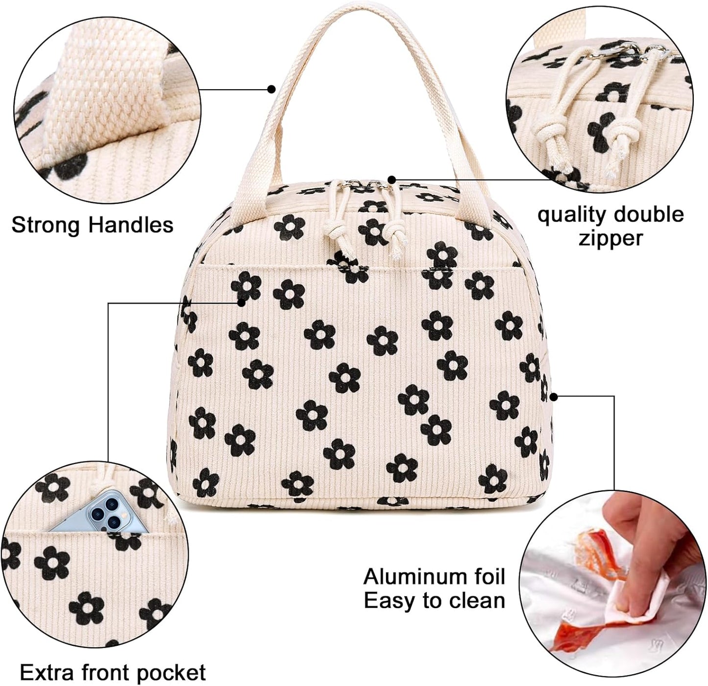 Bluboon Lunch Bag for Women Men Cute Corduroy Lunch Tote Bags Reusable Insulated Lunch Box Large Capacity Reusable Insulated Cooler for Work Picnic or Travel (Corduroy floral)