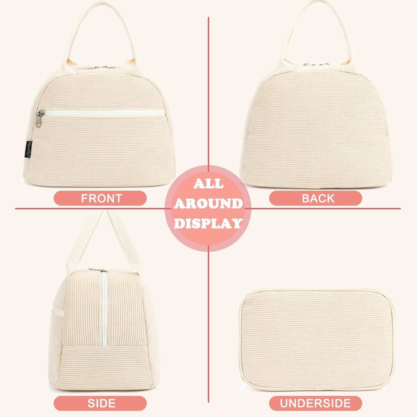 FlowFly Lunch Bag for Women Insulated Lunch Box Corduroy Lunch Tote Cooler for Travel Work Picnic,Corduroy Beige