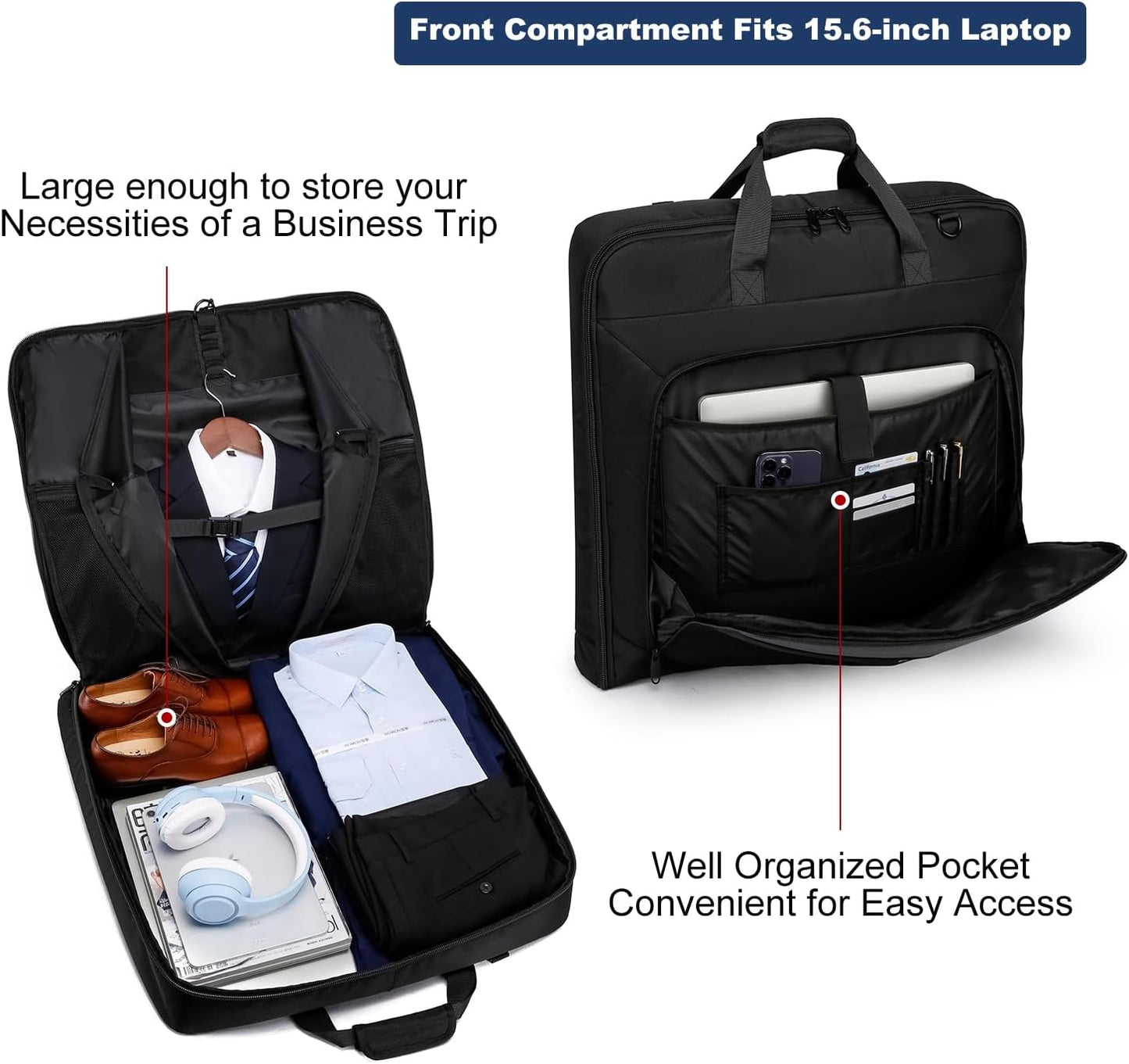 Garment Bag Travel Suit Bag for Men Large 40-Inch Carry on Garment Bag Up to 3 Suits for Business Trips,2 in 1 Hanging Suitcase Luggage Bags for Travel,Foldable Carry On Bag Fits 15.6Inch Laptop,Black
