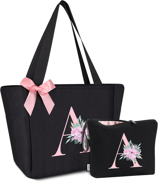 Vavabox Tote Bag, A-Z Initial Monogrammed Waterproof Tote Bag, Bridesmaid Gifts for Women, Black and Pink