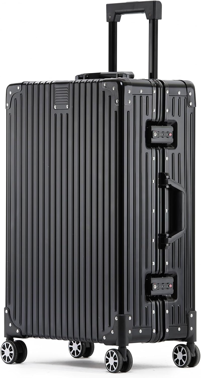 Metal All Aluminum Carry-on Luggage TSA Customs Lock Zipperless Silent Rotary Wheel Business Suitcase Aluminum Frame Set (black, 26 '')