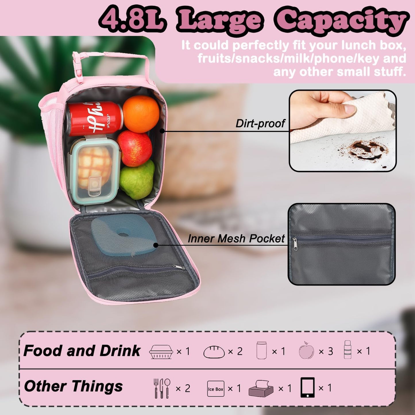FlowFly Lunch box Insulated Soft Bag Mini Cooler Back to School Thermal Meal Tote Kit With Buckle and Mesh Side Pocket for Girls, Boys, PinkWithLetter