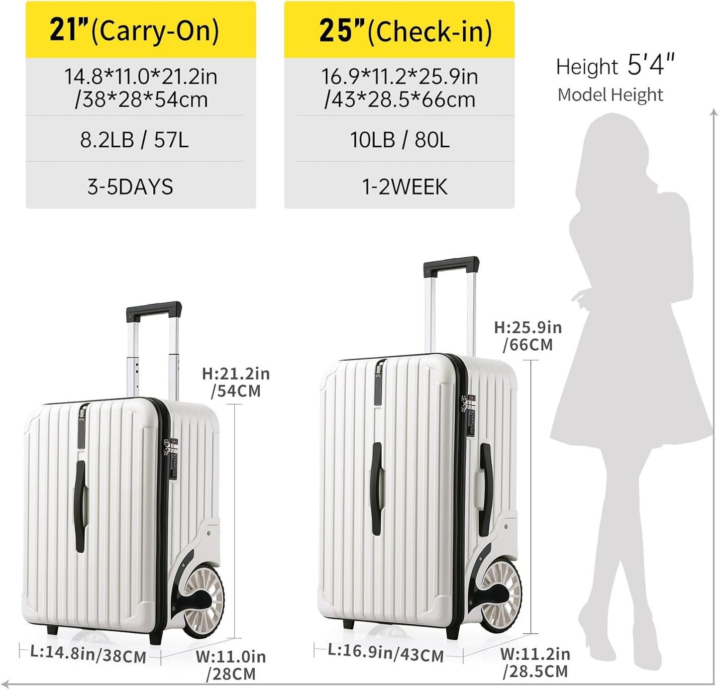 Extra Large Wheels Carry On Luggage Hard Shell Suitcase Top Opening Hardside Travel Luggage with TSA Lock (Black, 21-Inch)