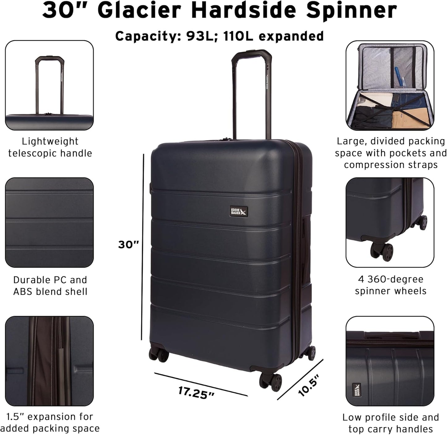 Eddie Bauer Glacier Carry-On 22" Luggage | Hardside | Spinner Wheels | Expandable | Lightweight | Travel Essentials - Carbon Grey