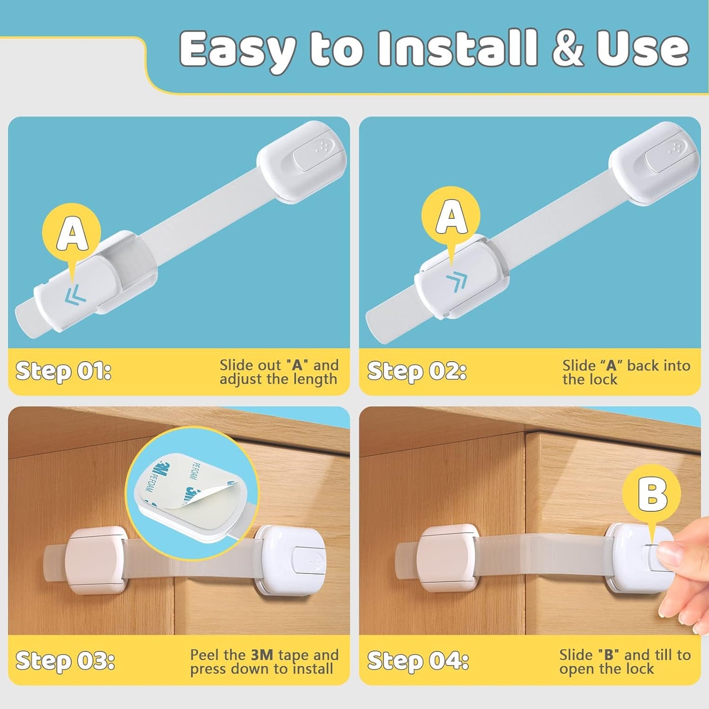 4our Kiddies Child Safety Cabinet Locks for Babies (2 Pack) Child Proof Latches for Cabinets and Drawers Doors, Baby Proofing Cabinet Strap Locks for Cupboards, Fridge, Toilet and Closet