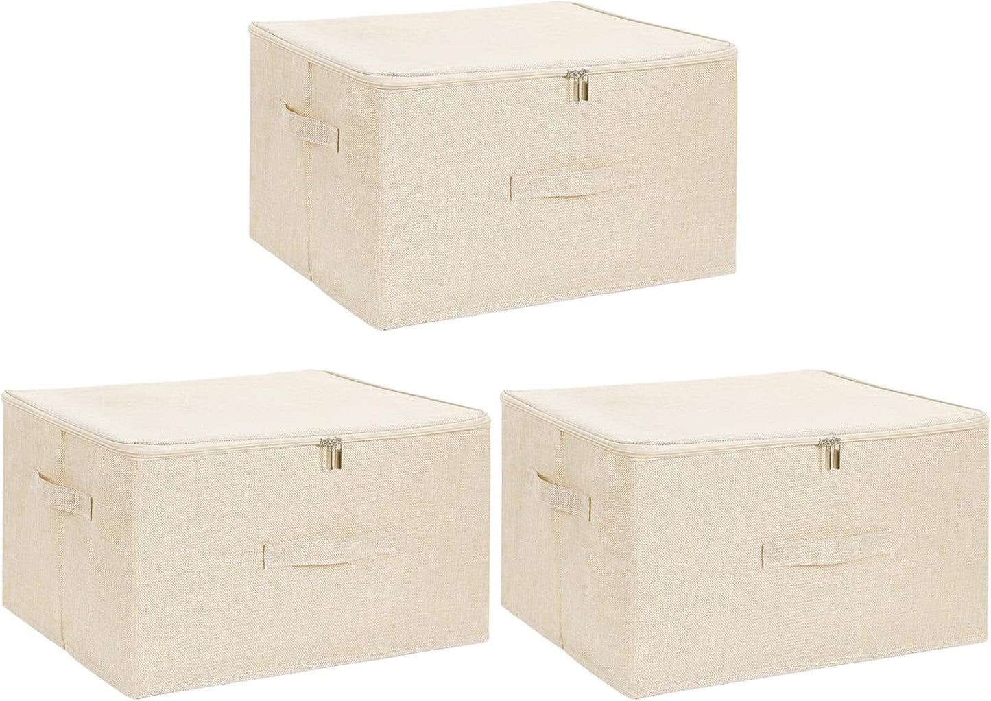 ANMINY 3PCS Storage Bins with Zipper Lids 51.9 Qt Lidded Fabric Storage Boxes Baskets Cubes with Handles Collapsible Washable Cotton Linen Closet Shelf Clothes Organizer - Beige, Extra Large