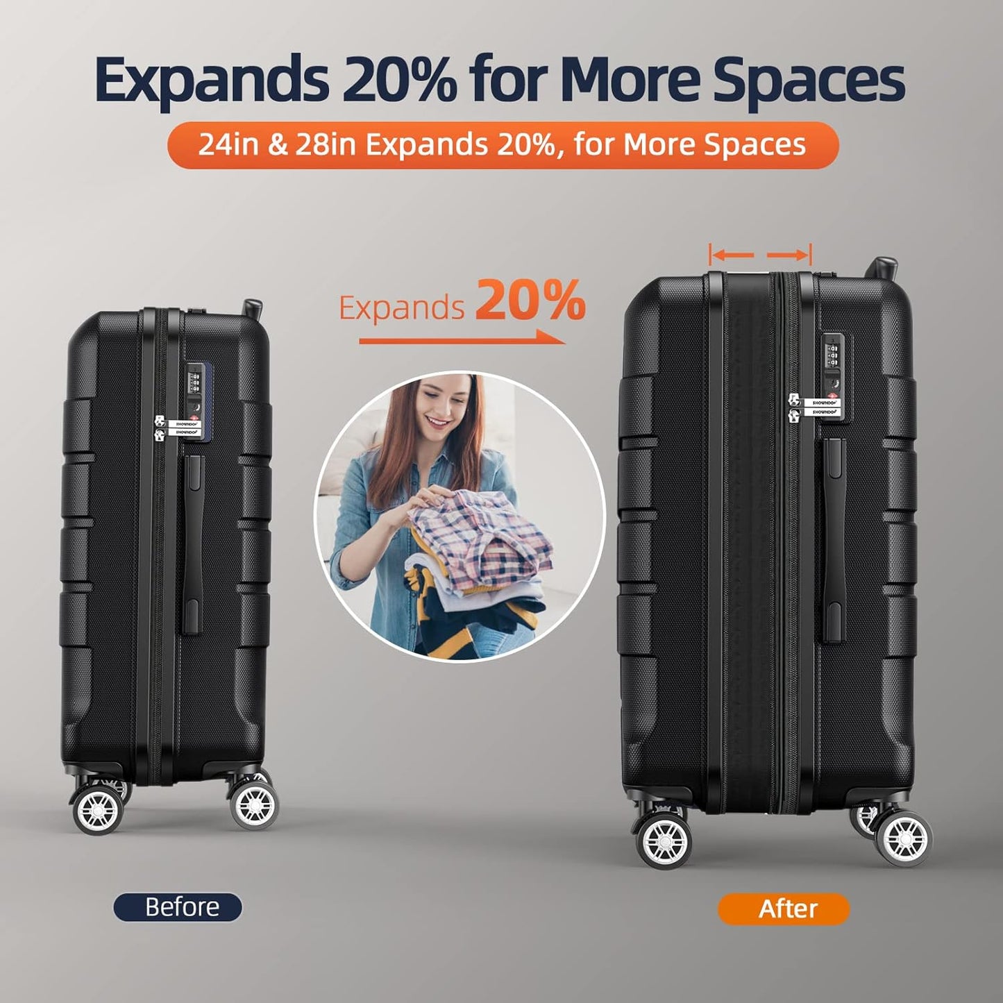 SHOWKOO Luggage Sets Expandable PC+ABS Durable Suitcase Double Wheels TSA Lock Black
