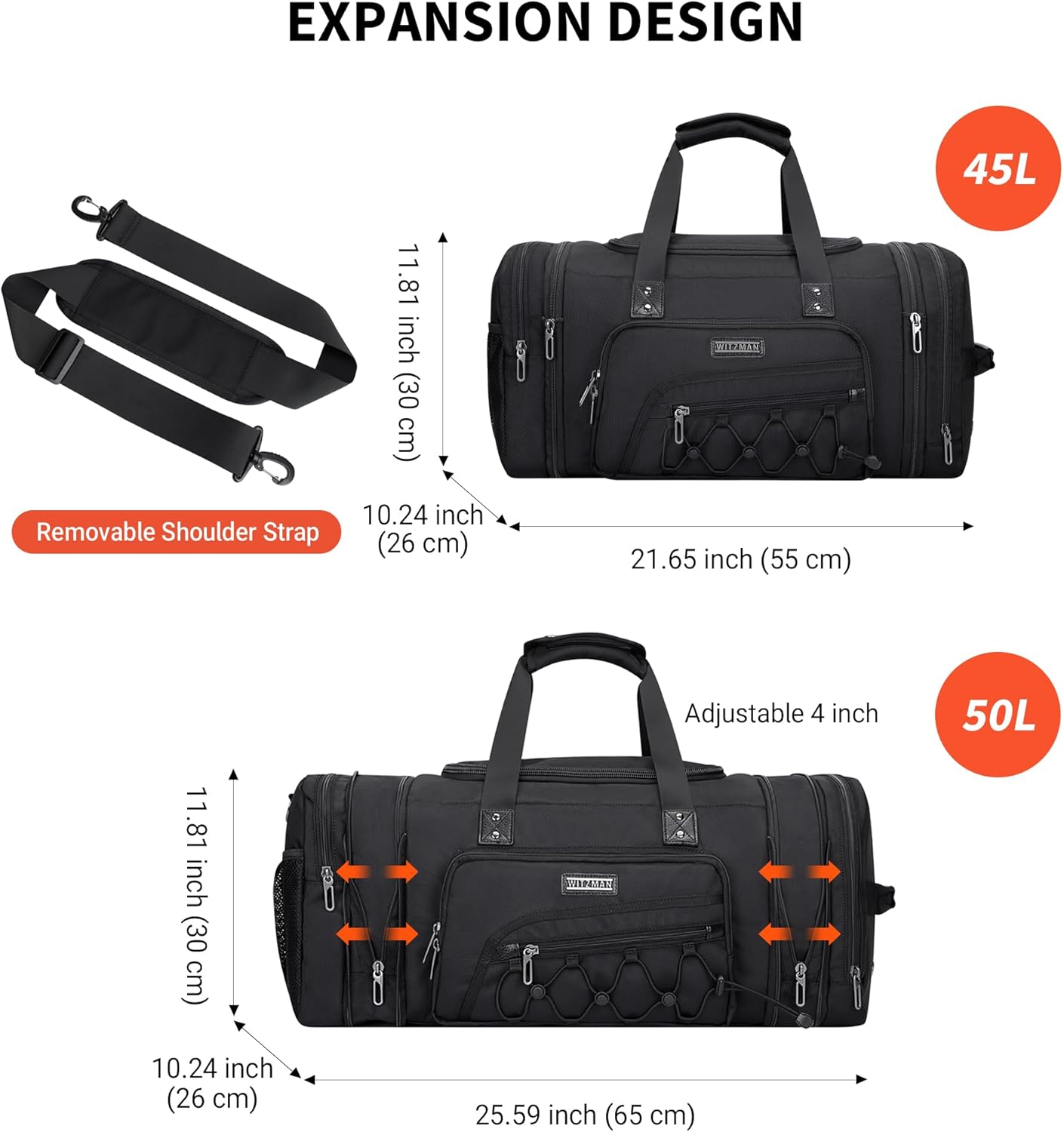 WITZMAN Duffle Bag for Men Nylon Large Gym Weekender Bag with Shoe Compartment Expandable Carry on Overnight Bag(B695 Black)