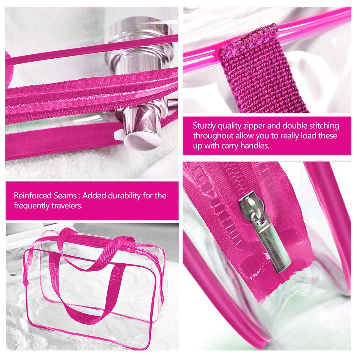 4Pcs Crystal Clear PVC Travel Toiletry Bag Kit for Women Men, Waterproof Vinyl Packing Organizer Storage Bags with Zipper Handle Straps, Cosmetic Pouch Carry on Airport Airline Compliant Bag Handbag