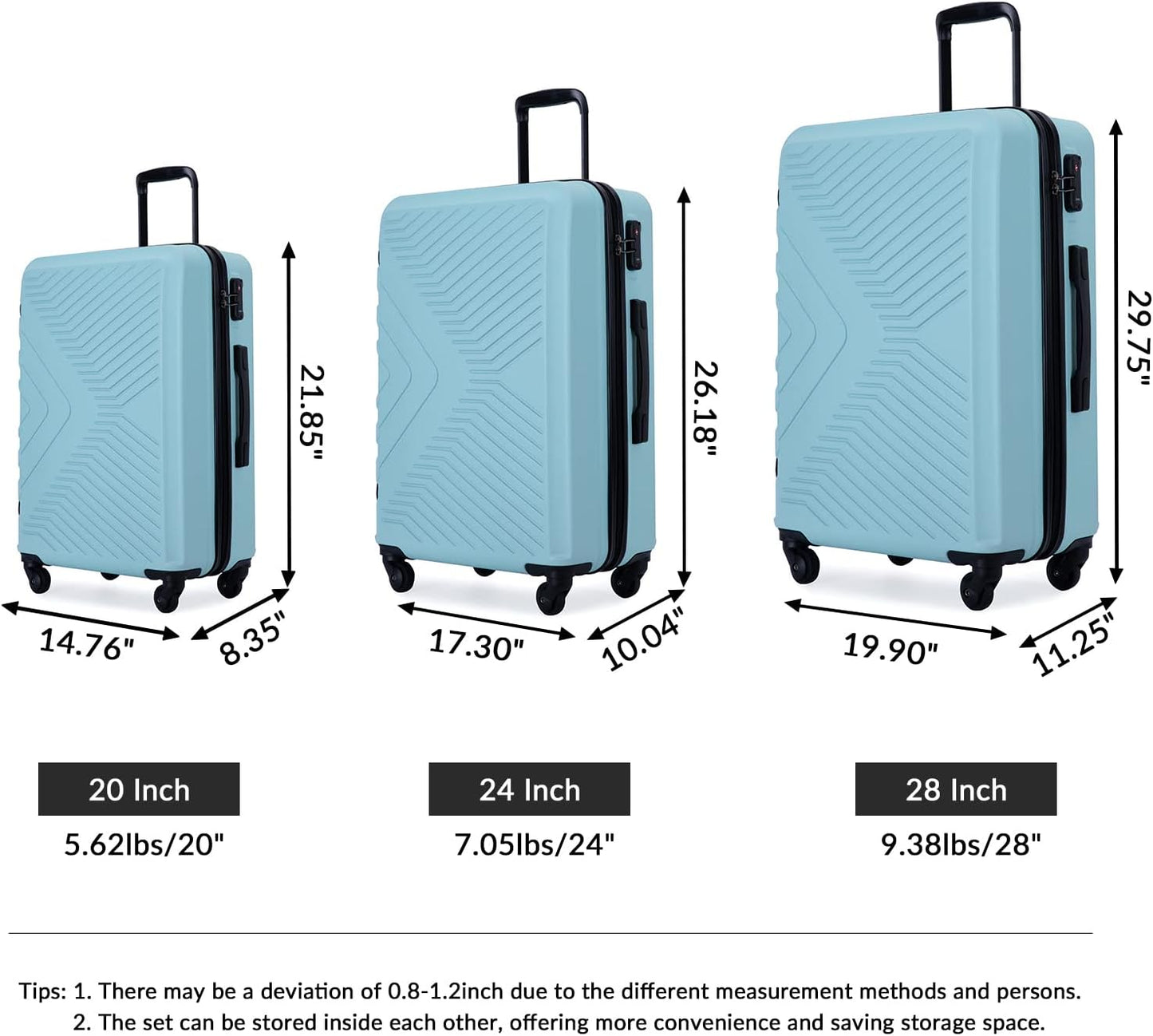 Campfun 3 Piece Luggage Sets, Hardshell ABS Luggage with TSA Lock, Carry On Suitcase Sets Lightweight Durable with 2 Hooks & Spinner Wheels, 20in/24in/28in - Green(C)