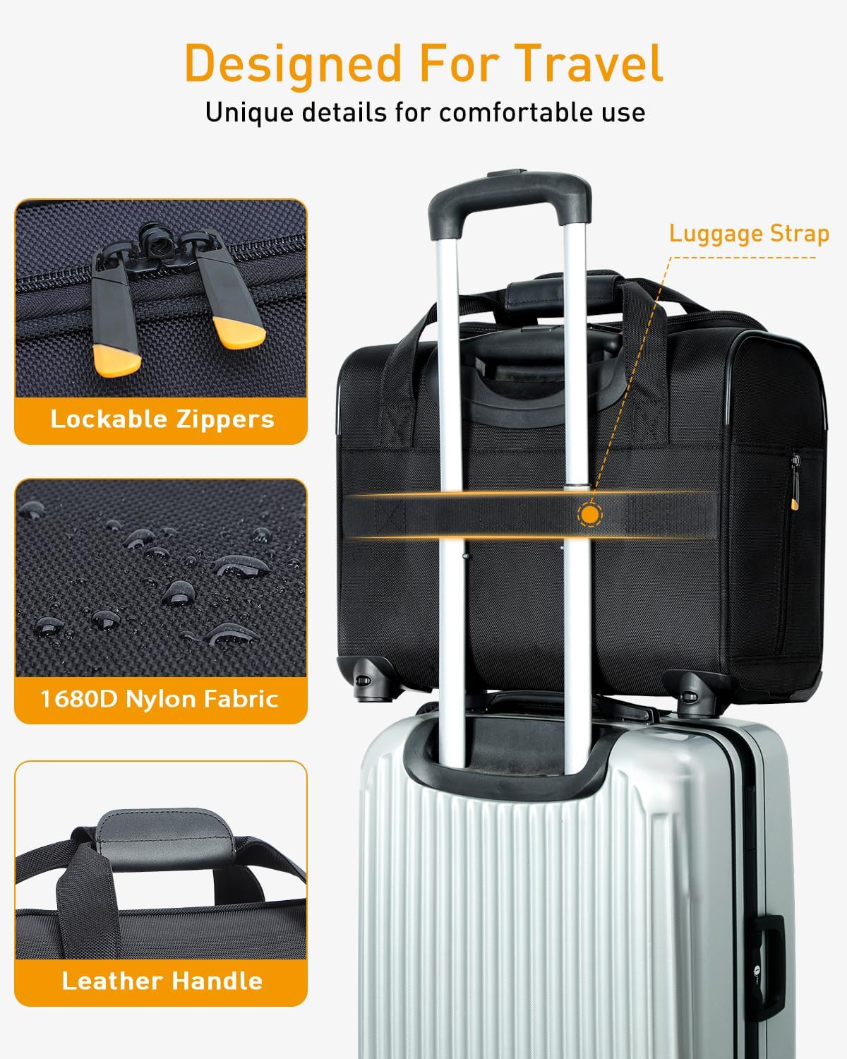 Rolling Laptop Bag - Rolling Briefcase with 4 Spinner Wheels, 15.6 Inch 1680D Nylon Water Resistant Computer Bag for Men and Women Work Travel, Black (Black, 15.6in)