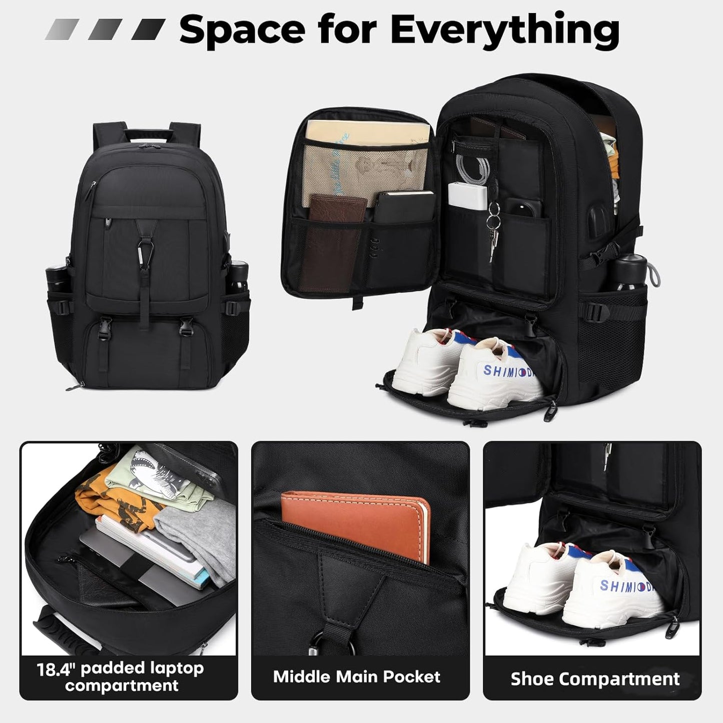 18.4 Inch gym backpack with shoe compartment,80L Multiple Compartments Backpacks, Airline Approved Carry on Travel Daypack Anti Theft with USB Charging Port,for Men Women Travel Work Business
