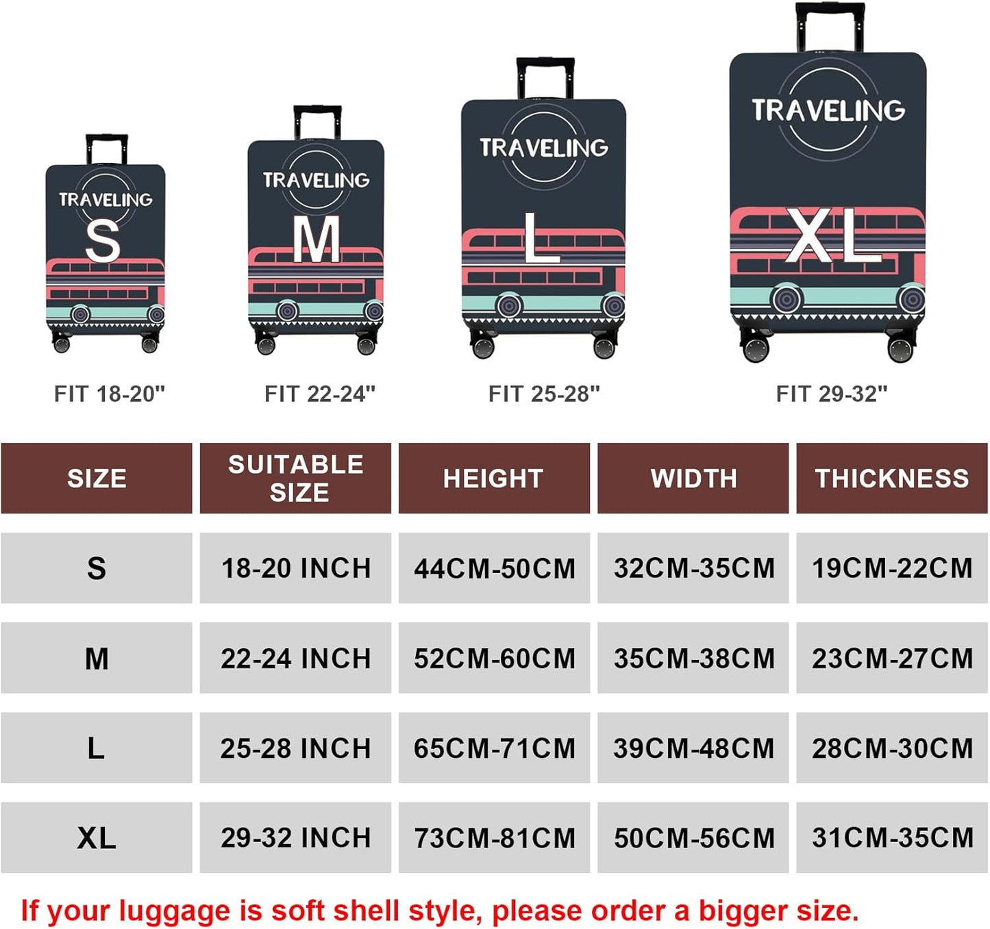 WUJIAONIAO Travel Luggage Cover Baggage Suitcase Protector Fit for 18-32 Inch Luggage (S (for 18-20 inch luggage), TRAVELING)