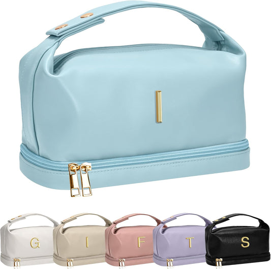 Trendy Gifts for Women, Personalized Makeup Bag with Handle, Initial Double Layer Cosmetic Bag with Makeup Brush Organizer, Customized Gifts for Woman, Gifts for 20 Year Old Female