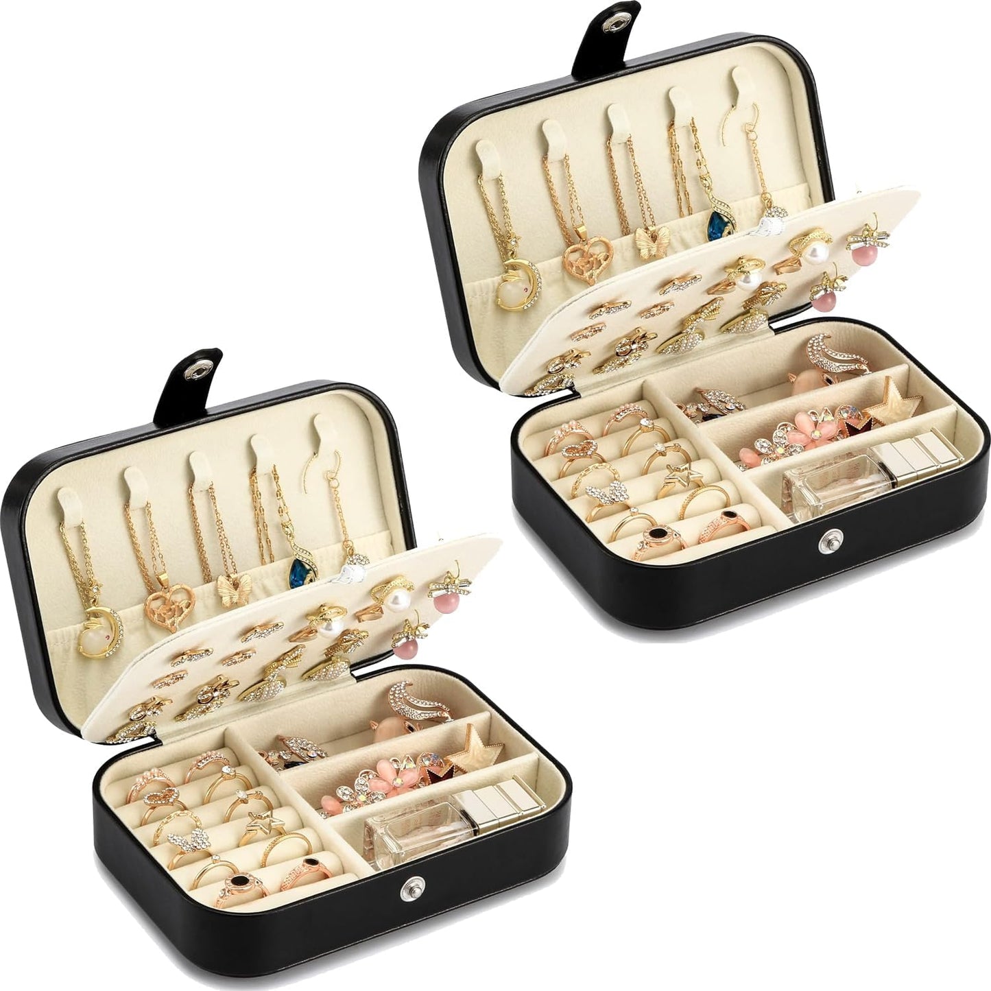Travel Jewelry Box, PU leather Small Jewelry Organizer For Female Girls, double layer portable mini travel case for storing earrings, rings, necklaces.(Black 2pcs)