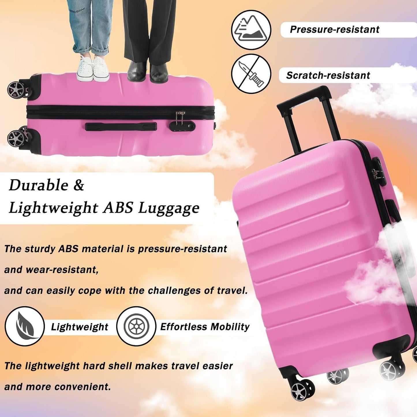 Merax Luggage Set 6 Piece, Hardshell ABS Suitcases with 8 Silent Spinner Wheels, Durable and Lightweight Travel Luggage for Family Trips, Pink