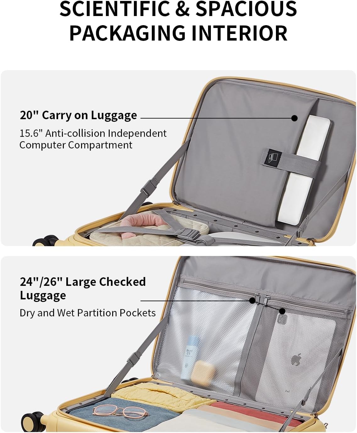 aji Expandable Top Opening Carry On Luggage Airline Approved, 20 Inch Lightweight Hardside Carry On Suitcase with Spinner Wheels, Travel Luggage with Laptop Compartment for Women Men, Cheese Yellow