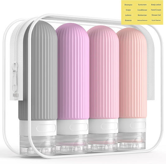 ME.FAN Travel Bottles for Toiletries, TSA Approved 3oz Silicone Journey Size Containers, Portable Split Bottle for Conditioner, Shampoo, Lotion- 4 Pack Purple