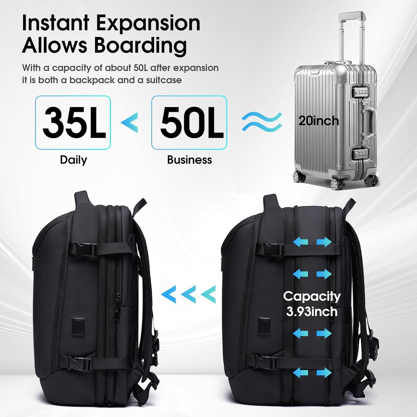 Vacuum Backpack for Men,50L Expandable Compression Backpack With Vacuum Seal, 17.3 Inch Water Resistant Laptop Backpack with USB Charging Port-Not Vaccum Pump Included