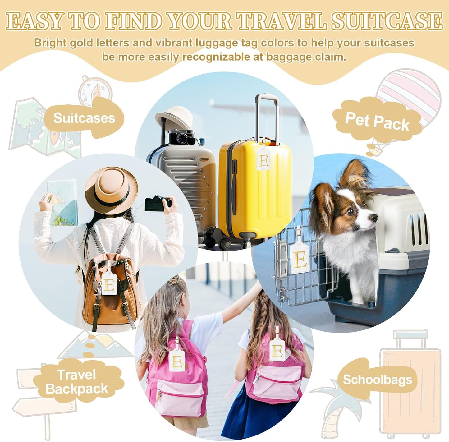 Personalized Initial Luggage Tags for Suitcase TSA Approved, White Leather Cute Luggage Tag with Privacy Cover Name Card, Embroidered Custom Luggage Tags Travel Baggage Tags Gifts for Women Kids(E)
