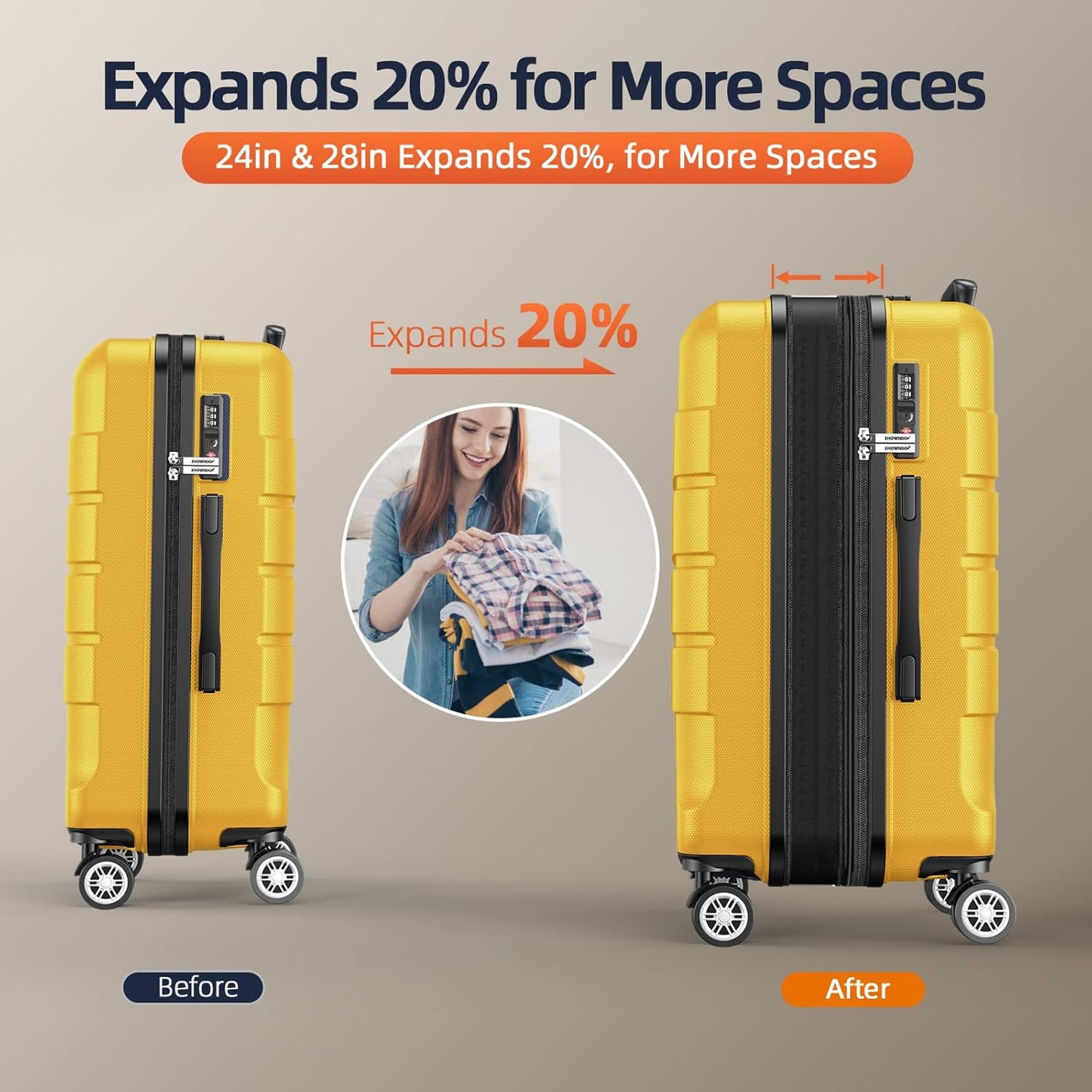 SHOWKOO Luggage Sets Expandable PC+ABS Durable Suitcase Sets Double Spinner Wheels TSA Lock Yellow 3pcs