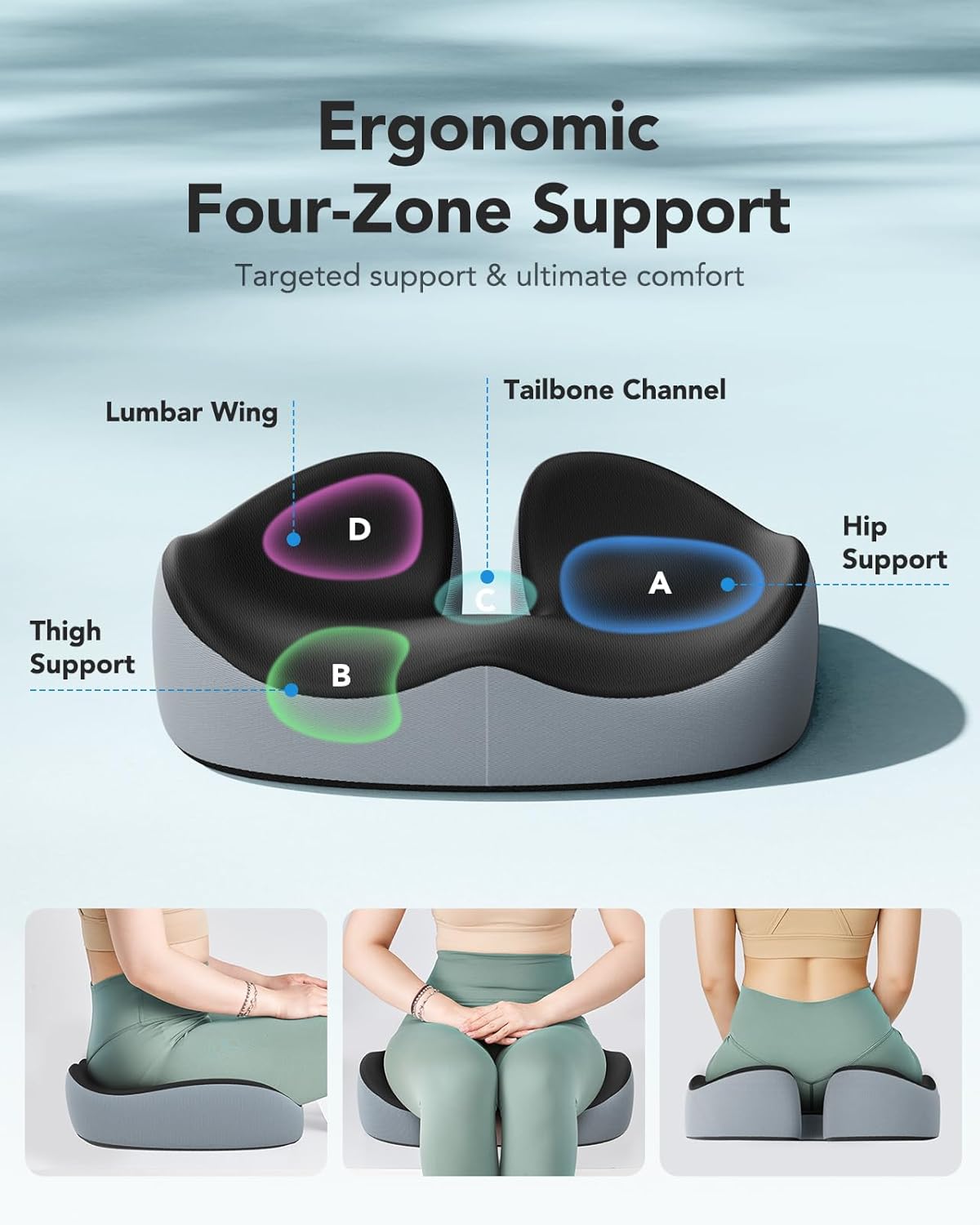 HUANUO Seat Cushion for Office Chair, Extra Large Memory Foam Cushion for Office Chair,Car & Wheelchair - Sciatica & Tailbone Pain Relief for Long Sitting, Ergonomic Design with Anti-Slip Bottom