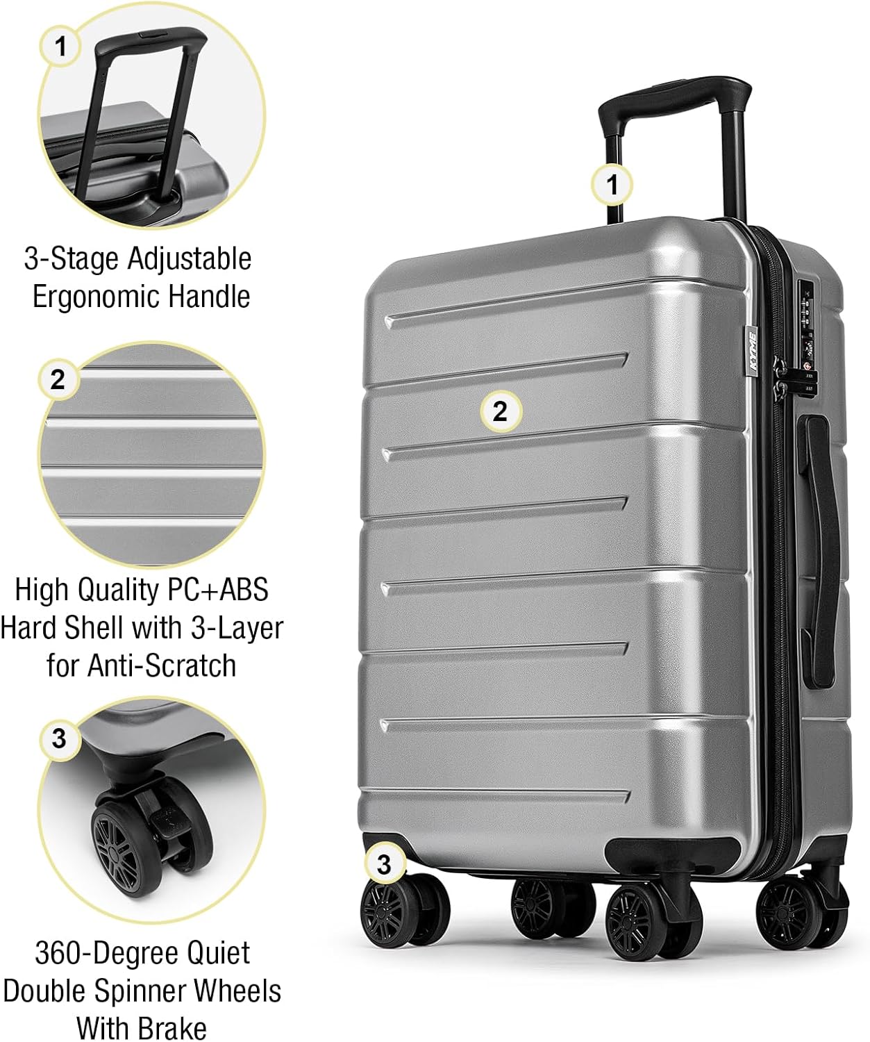 KYME Luggage Sets 2 Piece Hardshell 22"/26" Suitcase with Spinner Wheels Durable Suitcases Sets with TSA Lock Lightweight Travel Luggage Set for Women Men Silver Grey