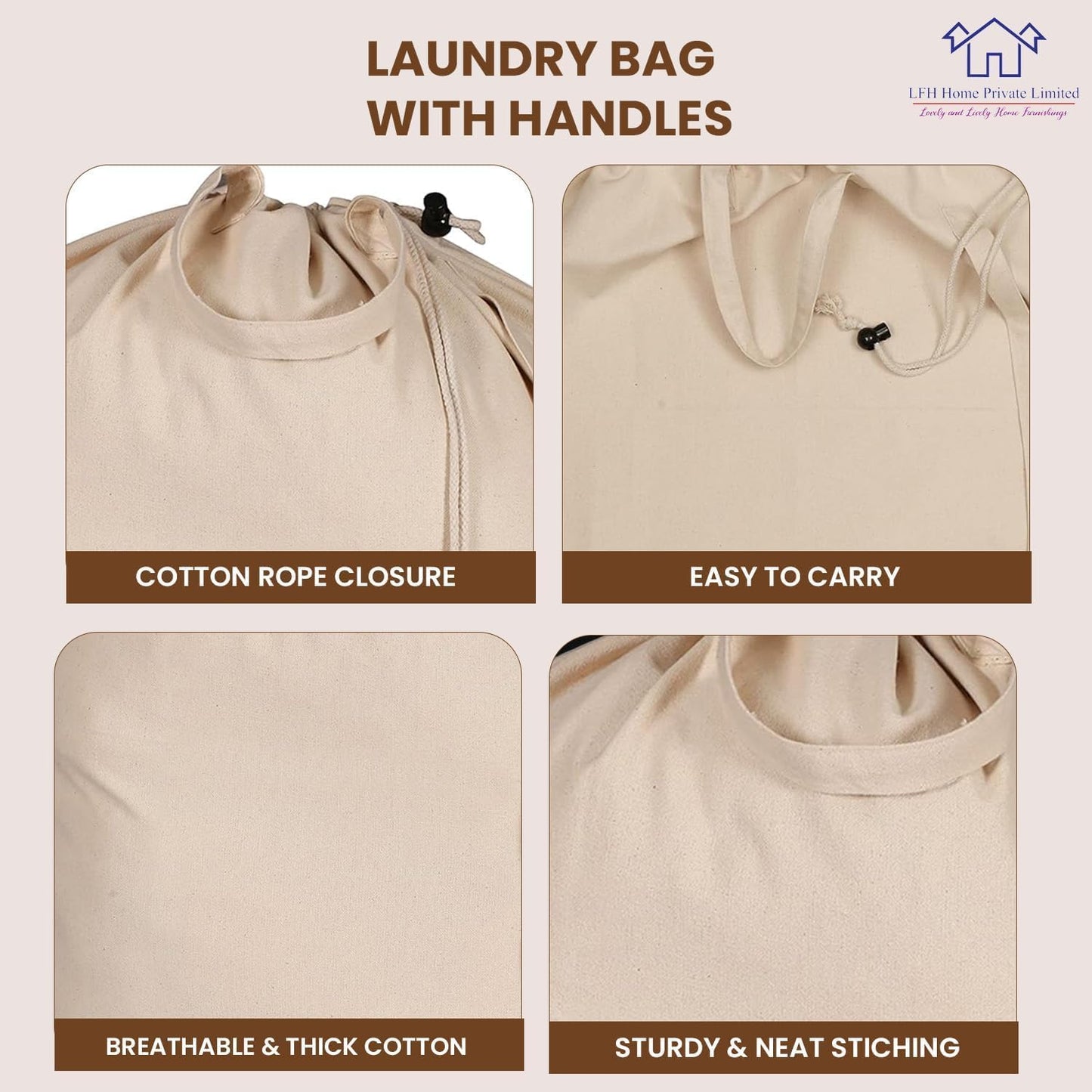 LFH Home Large Premium 100% Cotton Canvas Laundry Bag with Drawstring and Handles Heavy Duty, Multi-Use, and Washable for Home, Travel, College or Storage 28x36 (Pack of 4)-Natural