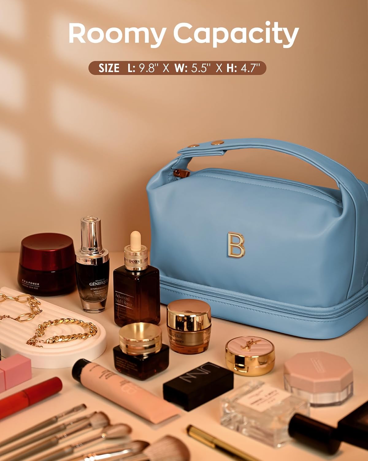 Gifts for Women - 30th 40th 50th 60th 70th Birthday Gifts, Personalized Makeup Bag with Handle, Initial Double Layer Cosmetic Bag with Makeup Brush Organizer, Gifts for Friends Female