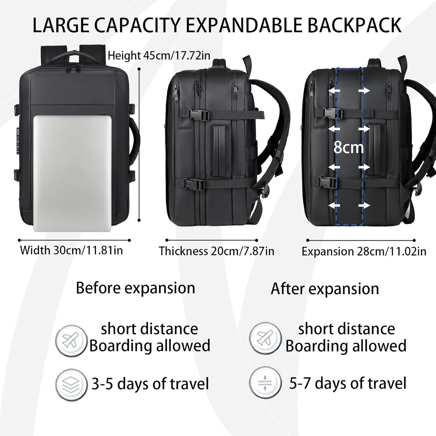 Vacuum-sealed travel computer backpack, Water-Resistant, With vacuum pump, Multiple Compartments, Anti-theft combination lock (Black)