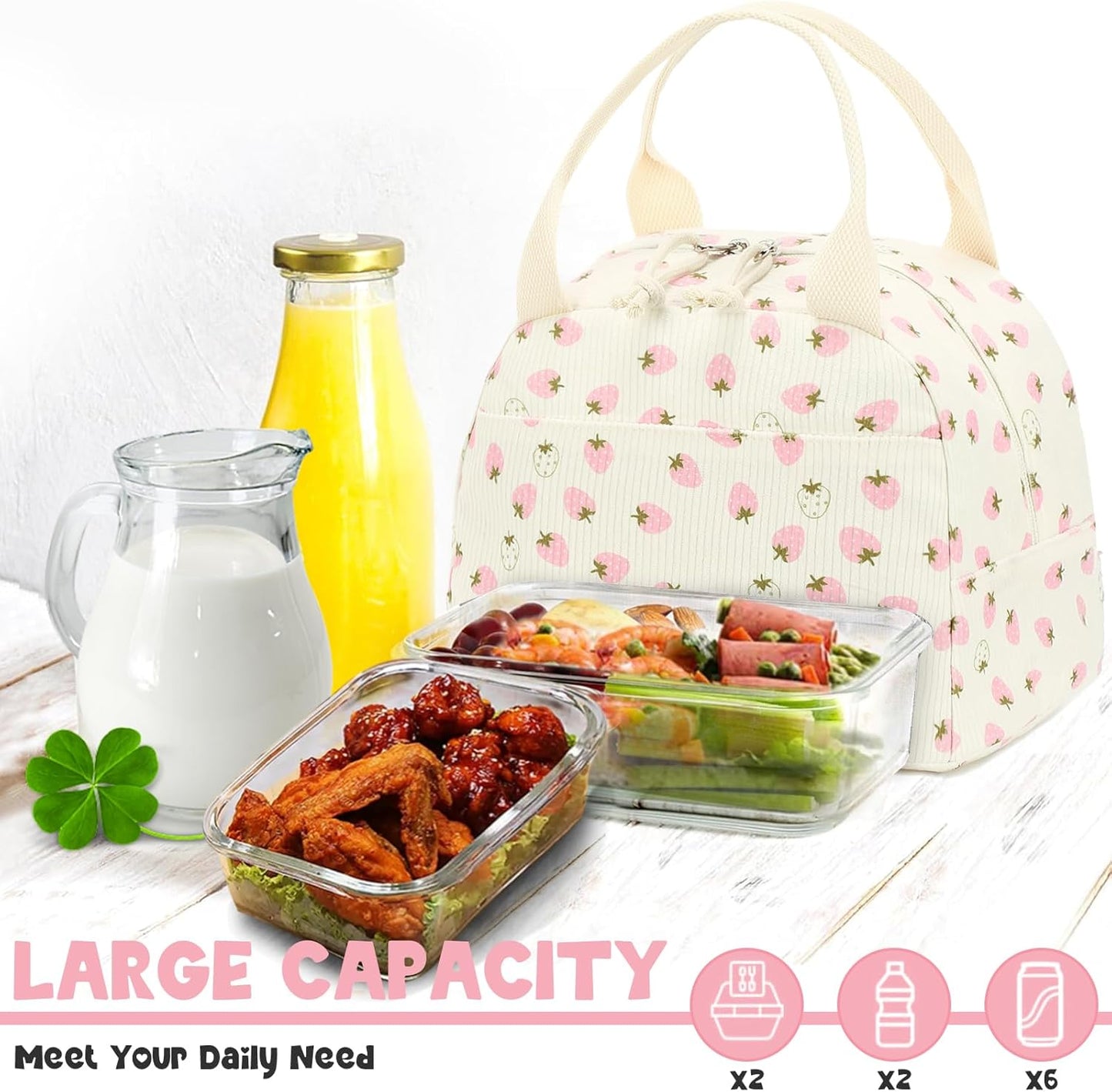 Bluboon Lunch Bag for Women Men Cute Corduroy Lunch Tote Bags Reusable Insulated Lunch Box Large Capacity Reusable Insulated Cooler for Work Picnic or Travel (Beige strawberry)