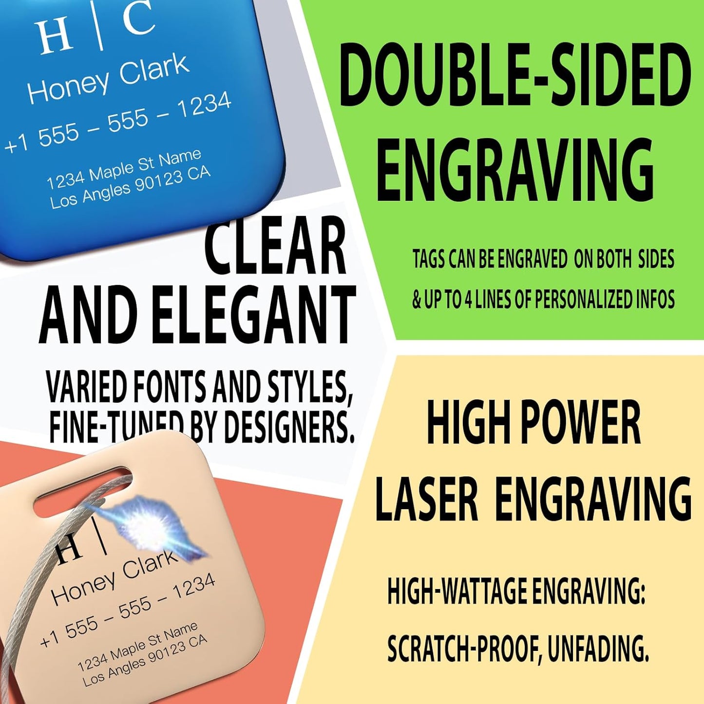 Stainless Luggage Tags for Suitcases 4 Pack: Metal Personalized Luggage Tags for Backpacks & Bags with Customizable Texts (Rose Gold)
