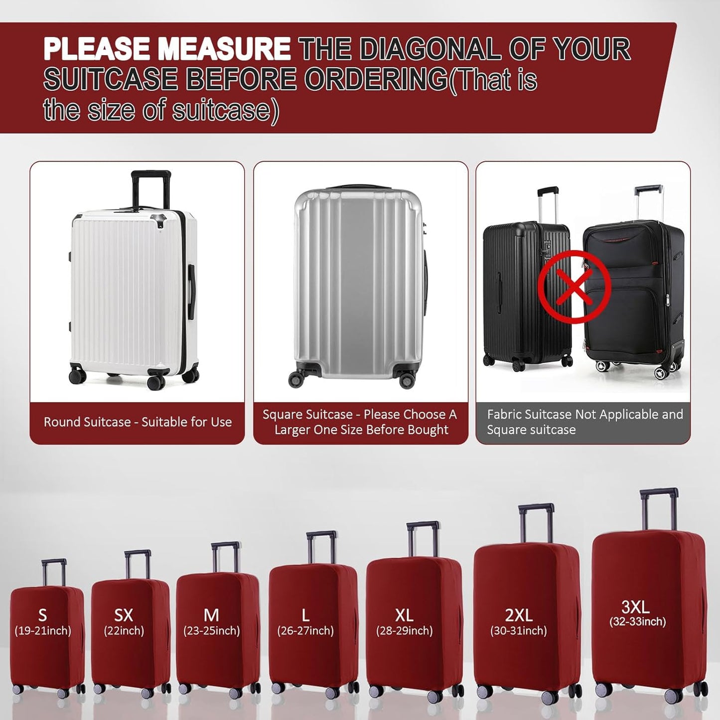 Travel Luggage Cover Suitcase Protector Scratch-Resistant Fit 19-31 Inch Suitcase, Not Included Suitcase (Claret, 3XL(32-33inch))