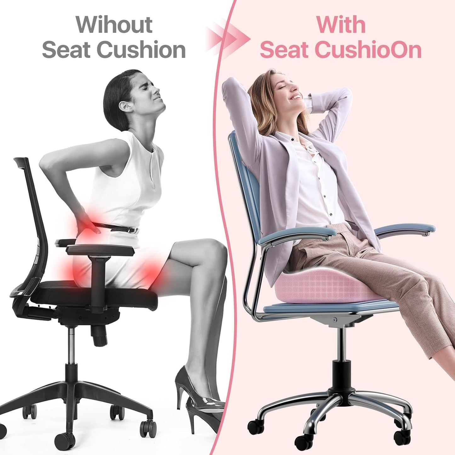 Seat Cushion, Extra Large Memory Foam Cushion for Office Chair Cushions, Ergonomic Cushions Pad Pillow for Pressure Relief Sciatica & Pain Relief for Long Sitting, Pink