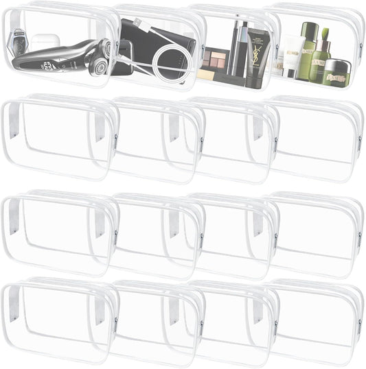 16 Pieces Clear Makeup Bags Bulk, TSA Approved Toiletry Bag for Travel, PVC Waterproof Cosmetic Pouches Clear Pouch with Zipper for Men and Women Carry-on Travel Essentials Cosmetic Bags (White-M)