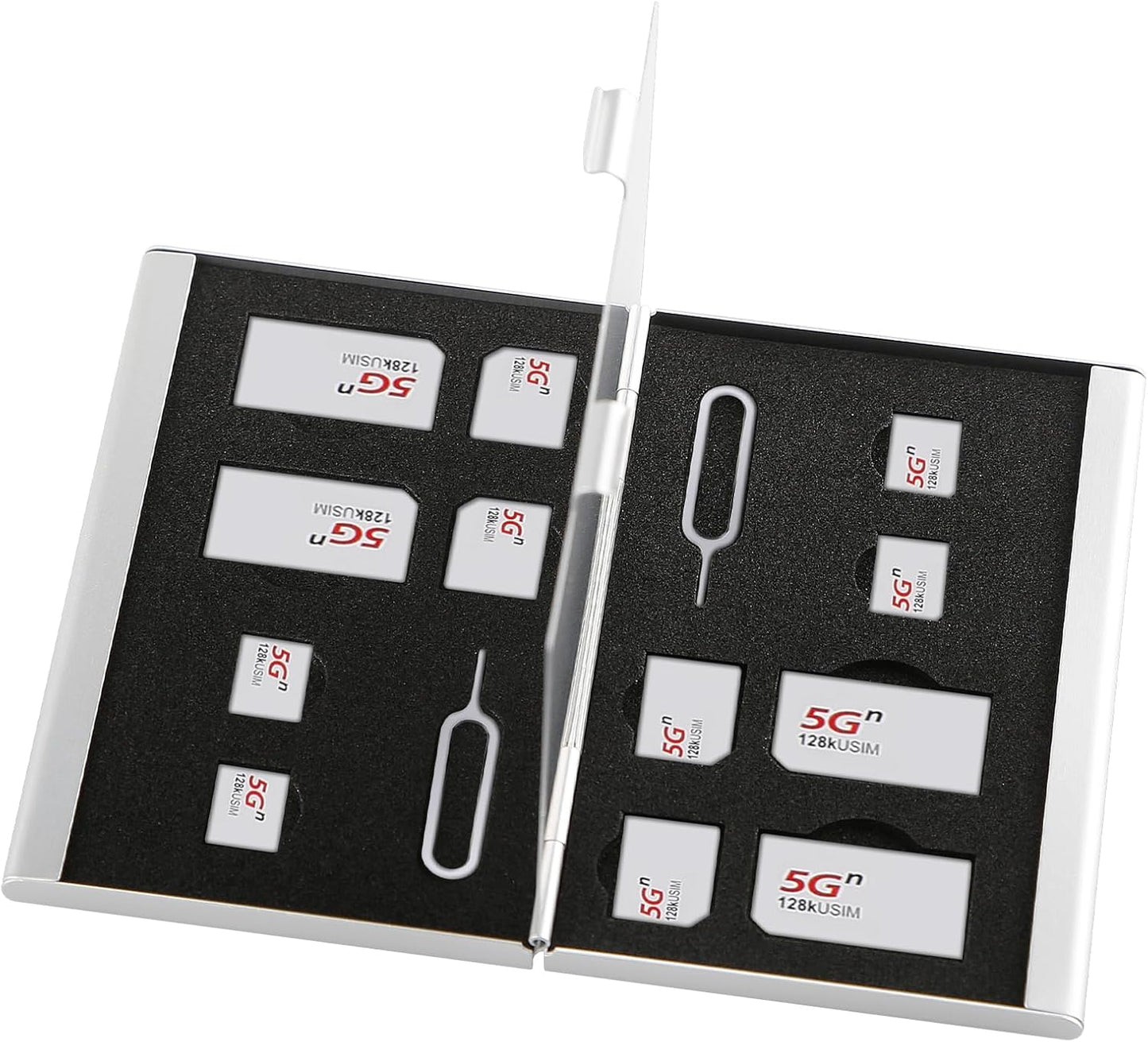 Aluminum SIM Card Case, 14Slots Ultrathin SIM Card Holder, Fit for 4 SIM Card, 4 Micro sim Card, 4 Nano sim Card and 2 Cell Phone Eject Pin Slots, Silver