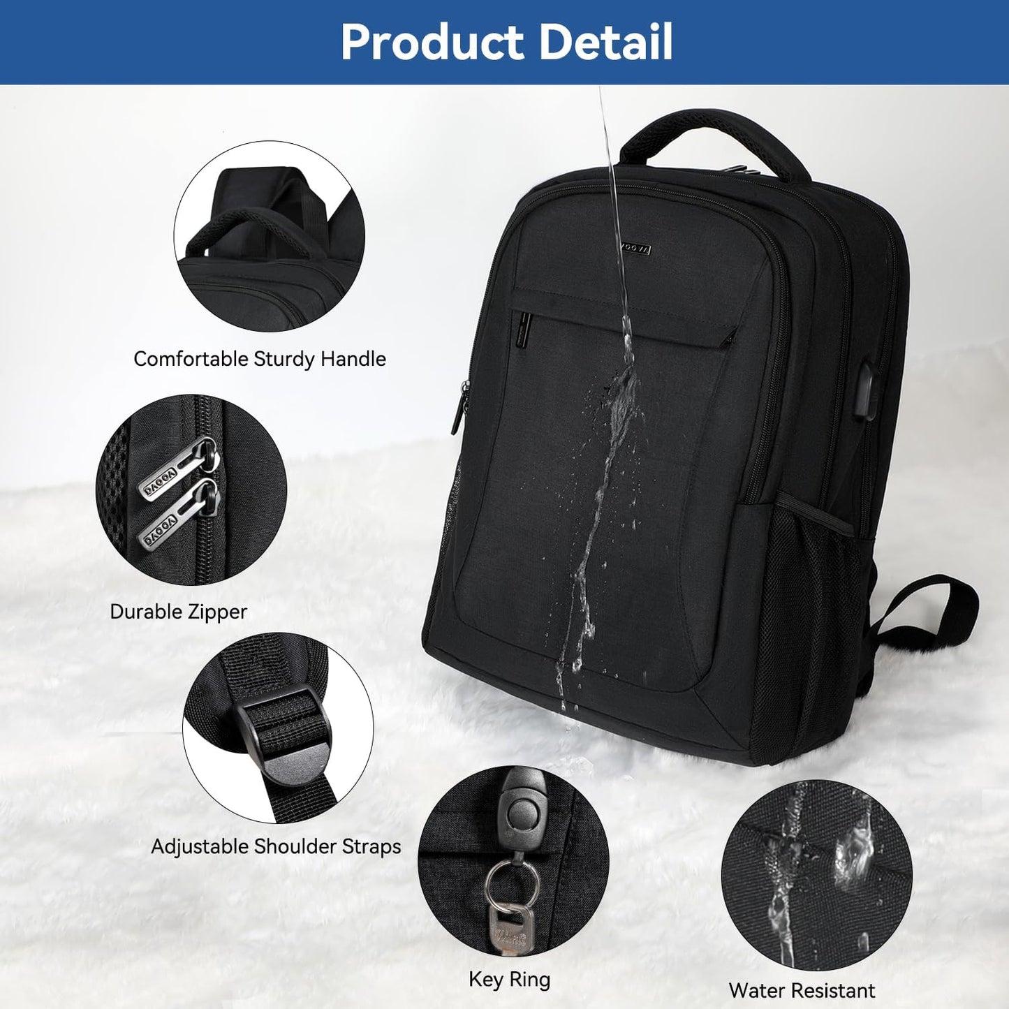 Voova Travel Laptop Backpack, Business Work Laptop Backpack for Women & Men with USB Charging Port, Waterproof Slim Durable College Computer Bag Fits 15.6 Inch Laptops and Notebook, Black