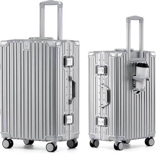 HotWay 20 Inch Aluminum Frame Carry On Luggage with Spinner Wheels, PC Hard Shell Suitcase with Cup Holder, Zipperless Luggage for Business Travel, Silver