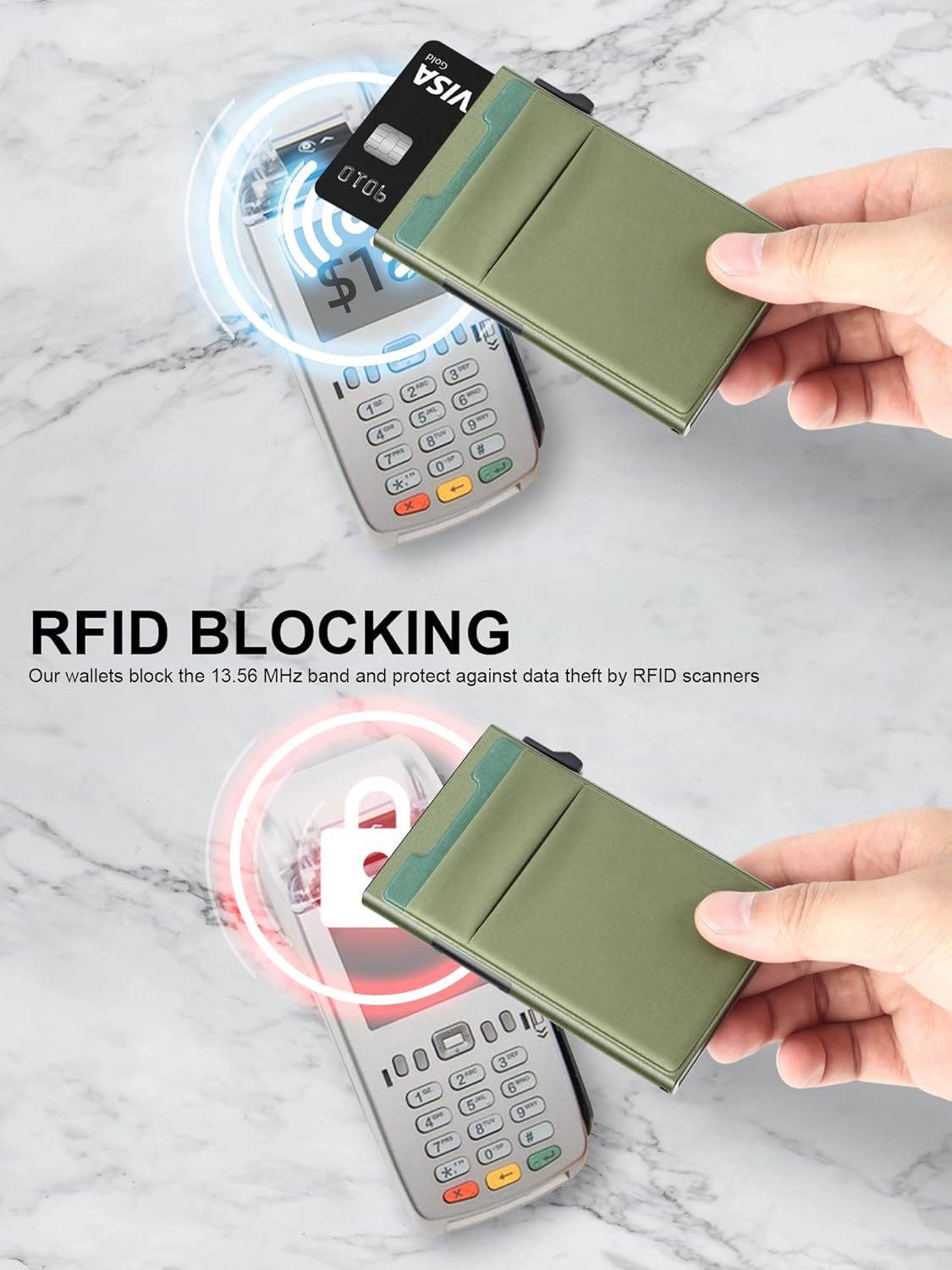 Slim Wallet for Men,Pop Up Credit Card Wallet Aluminum Minimalist RFID Blocking Smart Card Holder with Cash Slot for Front Pocket,6-12 Card Capacity, Green