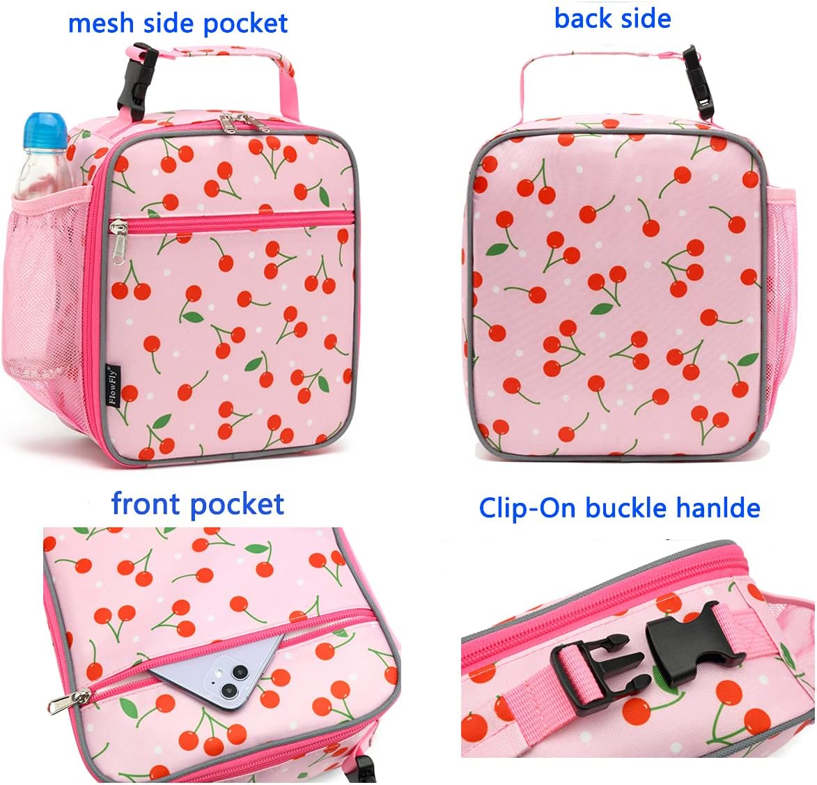 FlowFly Kids Lunch box Insulated Soft Bag Mini Cooler Back to School Thermal Meal Tote Kit for Girls, Boys, Cherry