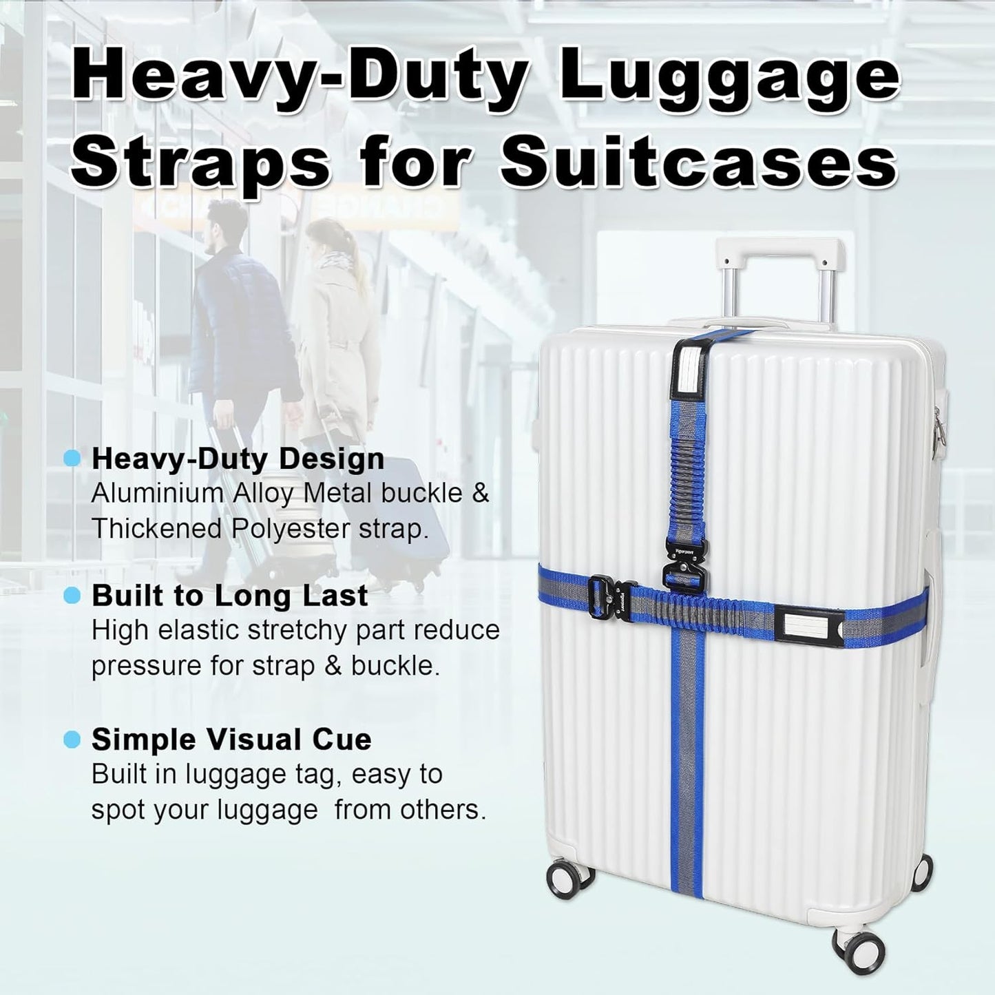 Vigorport Luggage Straps for Suitcases 2 Pack, Heavy Duty Metal Buckle Luggage Belt Strap, TSA Approved Suitcase Belt, Stretchable Travel Strap for Luggage (Blue, 42"-72" Long)
