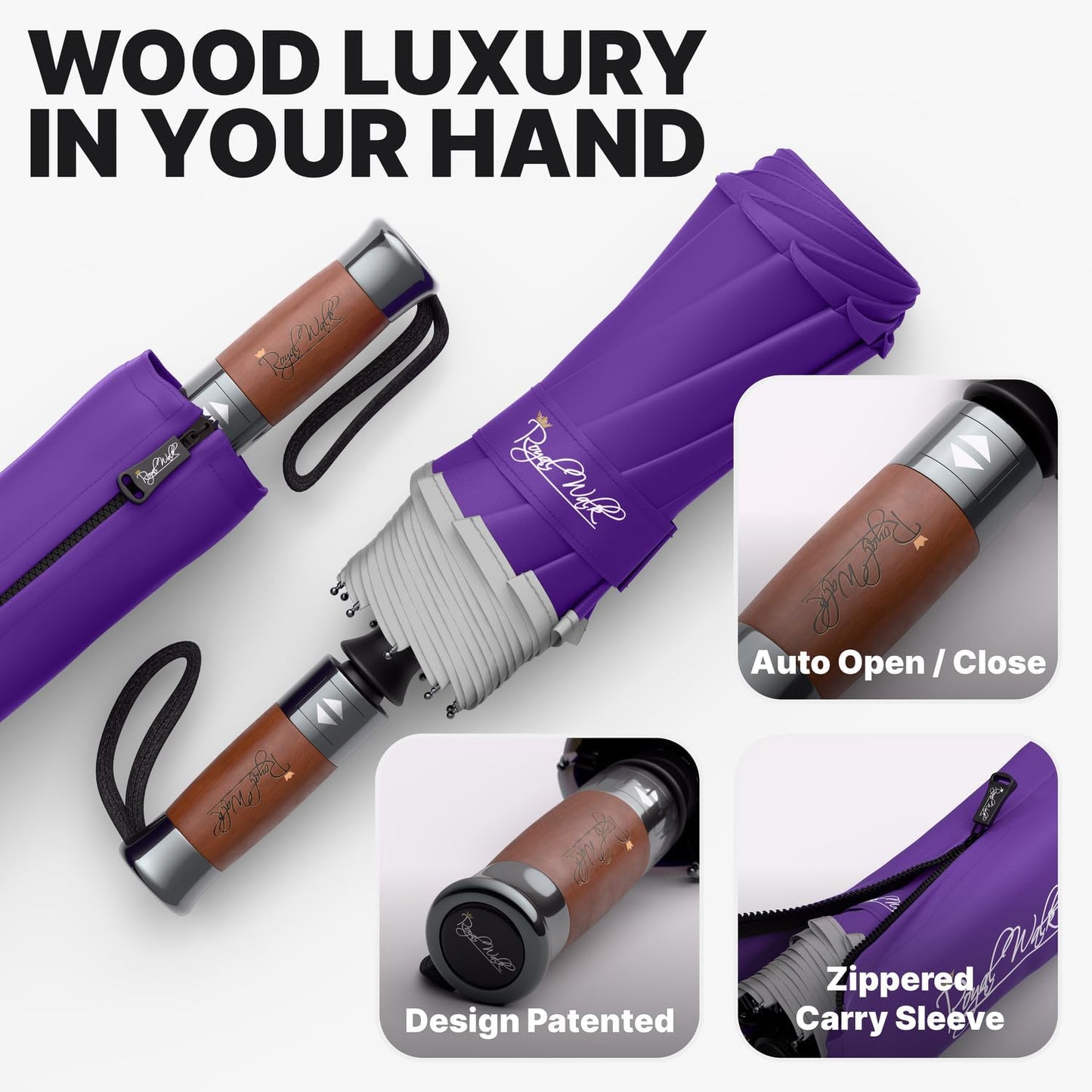 Royal Walk Windproof Folding Travel Umbrella Compact and Strong Luxurious Real Wood Handle Automatic Open Close Vented Double Canopy for Men and Women