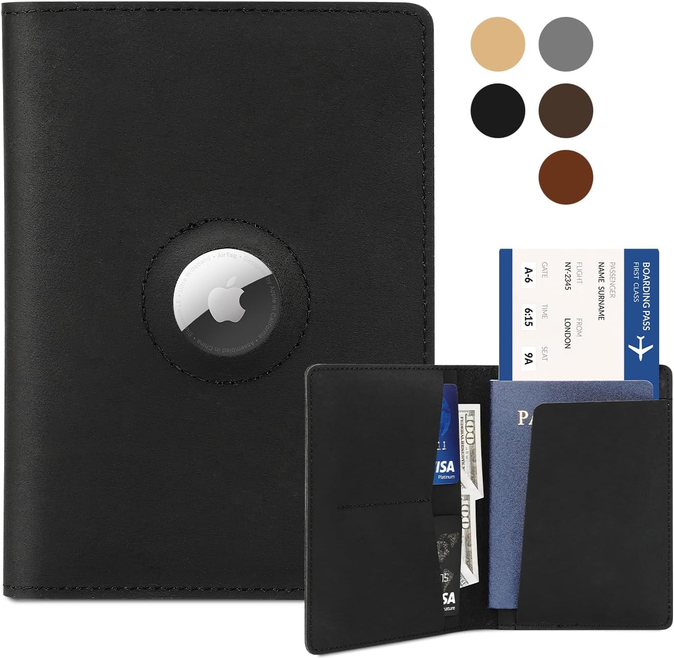 Airtag Passport Holder for Men and Women Travel, Real Leather Passport Wallet, Handmade Passport Cover Case with Airtag Slot, Travel Must Haves Essentials Accessories Birthday Gifts(Crazy Horse,Black)