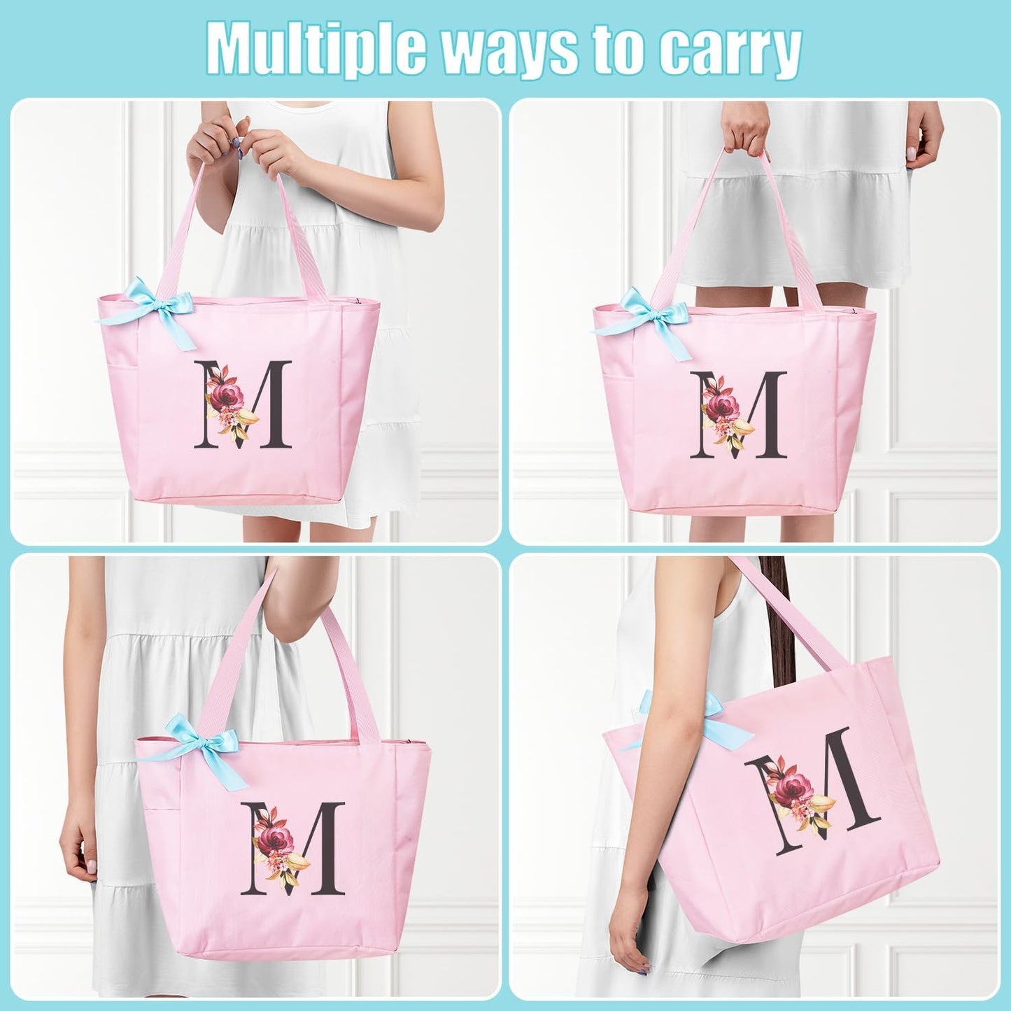 Vavabox Tote Bag, A-Z Initial Monogrammed Waterproof Tote Bag, Bridesmaid Gifts for Women, Black and Pink